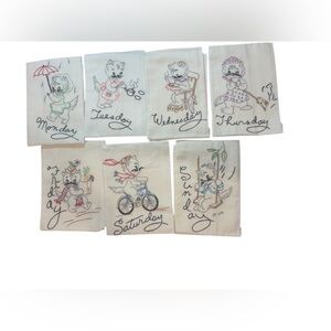 Vintage Embroidered  7 Days of the Week Tea Towels With Cats